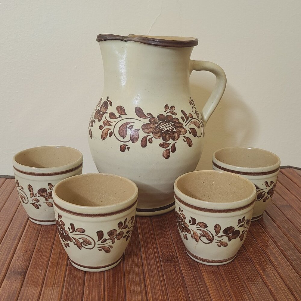 Rare Stoob LM Austria Handmade Pottery Pitcher and 4 Cups